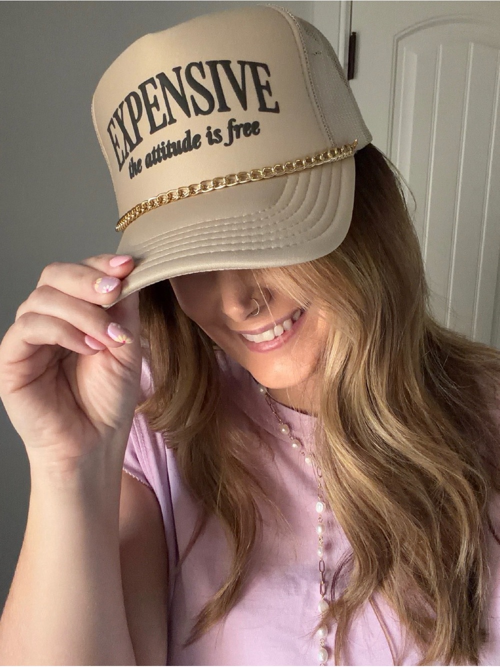 EXPENSIVE Chain-Trim Beige Trucker Hat - Women